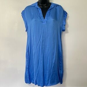 Bella Dahl Satin Blue Cap Sleeve Mini Shirt Dress Pockets Coastal Fluid Size S